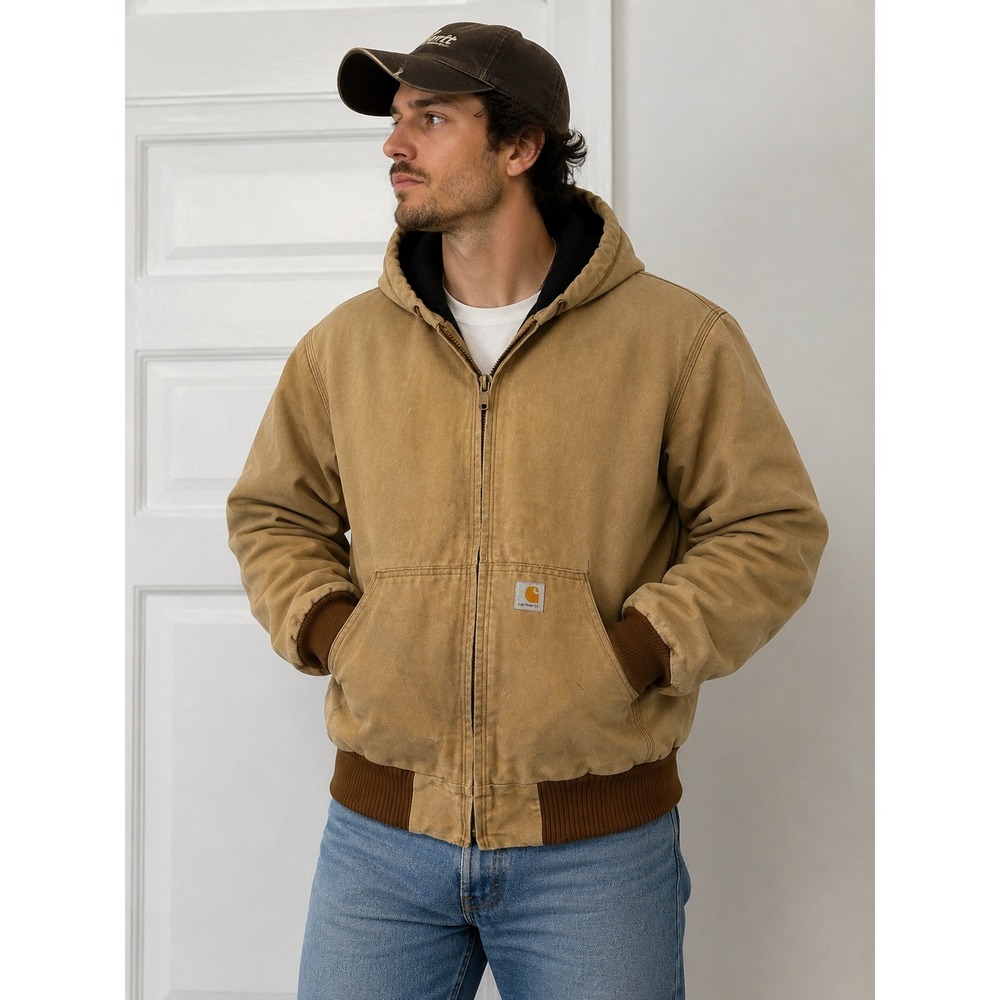 Carhartt J140 BRN Mens Duck Active Jacket Flannel Lined Hooded Brown Large